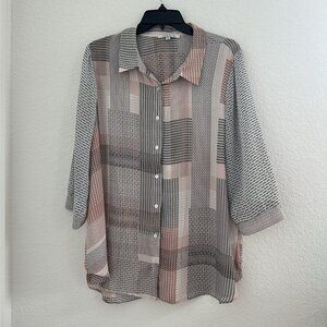 Rose & Olive Button Down Shirt‎ Womens 1X Colorblock Geometric Office Teacher